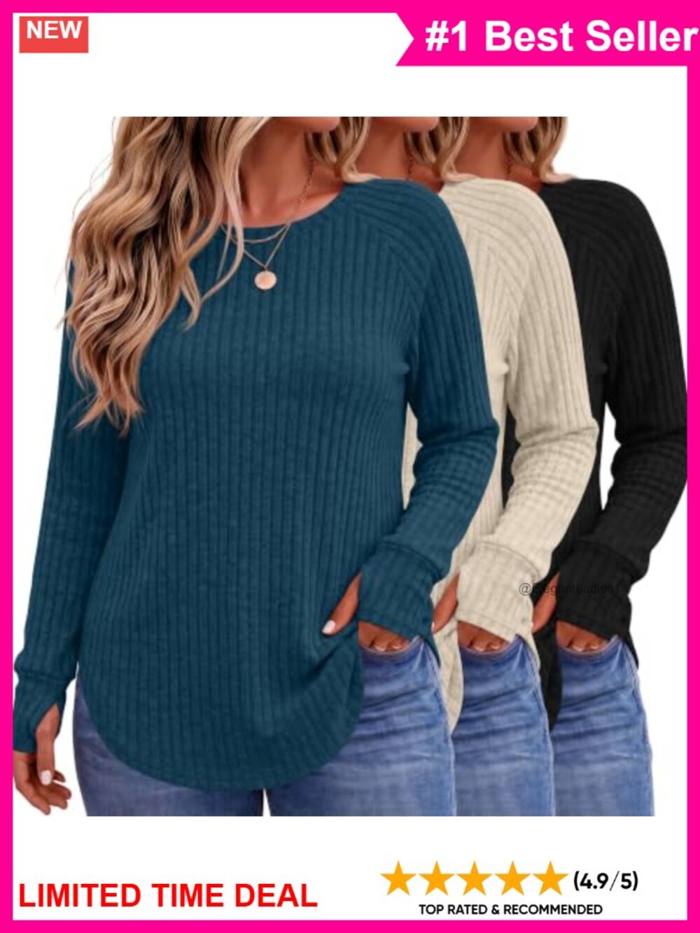 Plus Size Long Sleeve Sweaters 3 Pack Tunic Tops Thumbhole Loose Fit